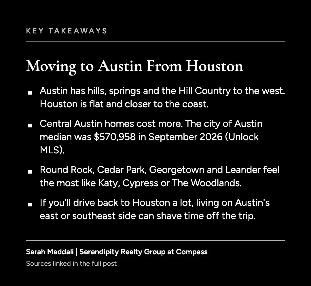 Key takeaways graphic about moving to Austin from Houston
