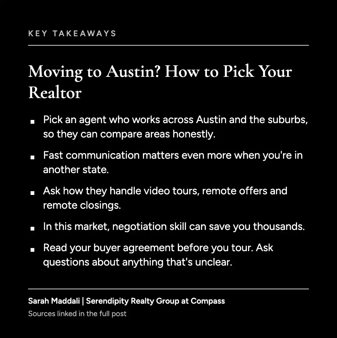 Key takeaways graphic on how to pick a moving to Austin realtor