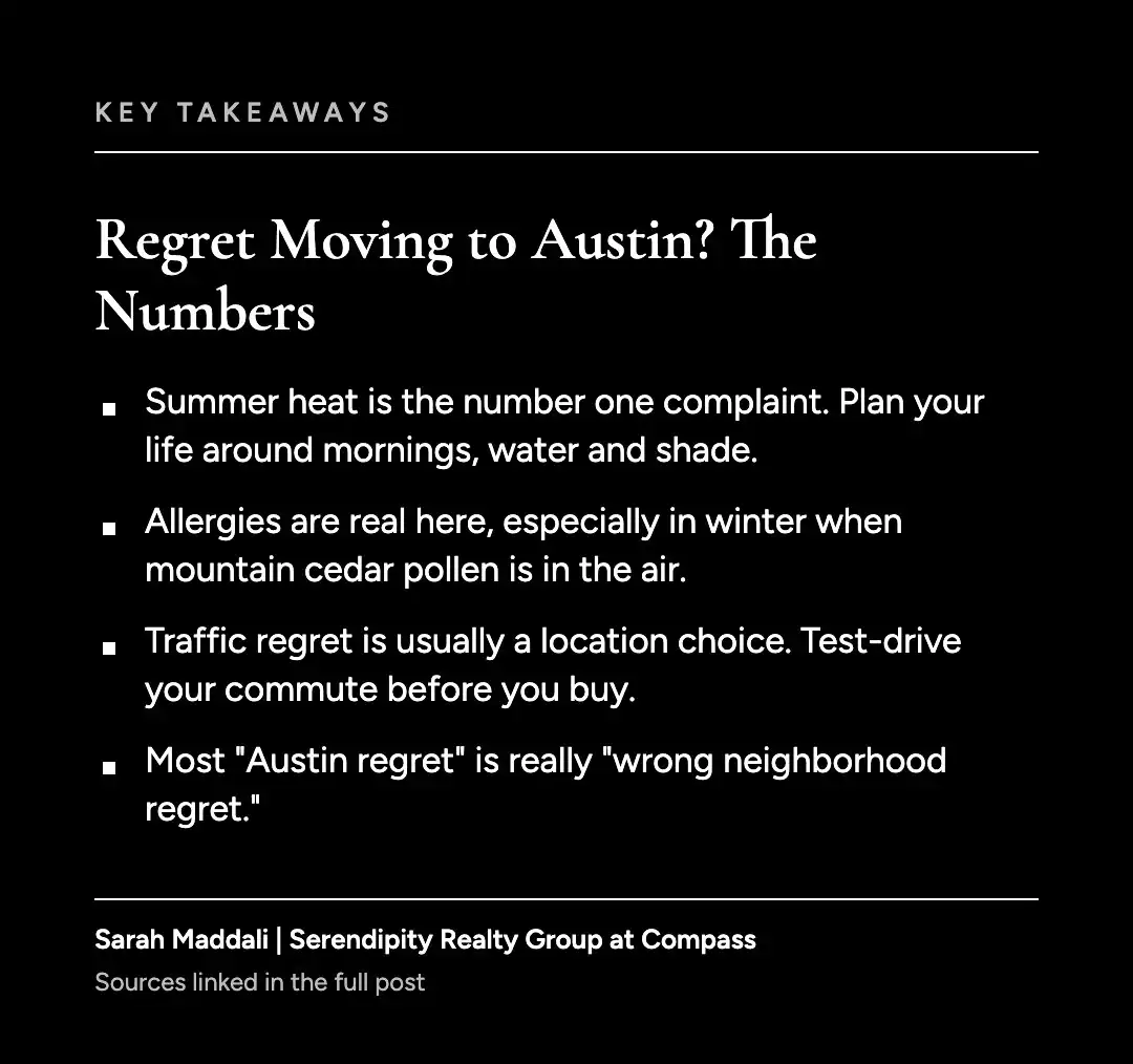 Key takeaways graphic on the most common reasons people regret moving to Austin and how to avoid them