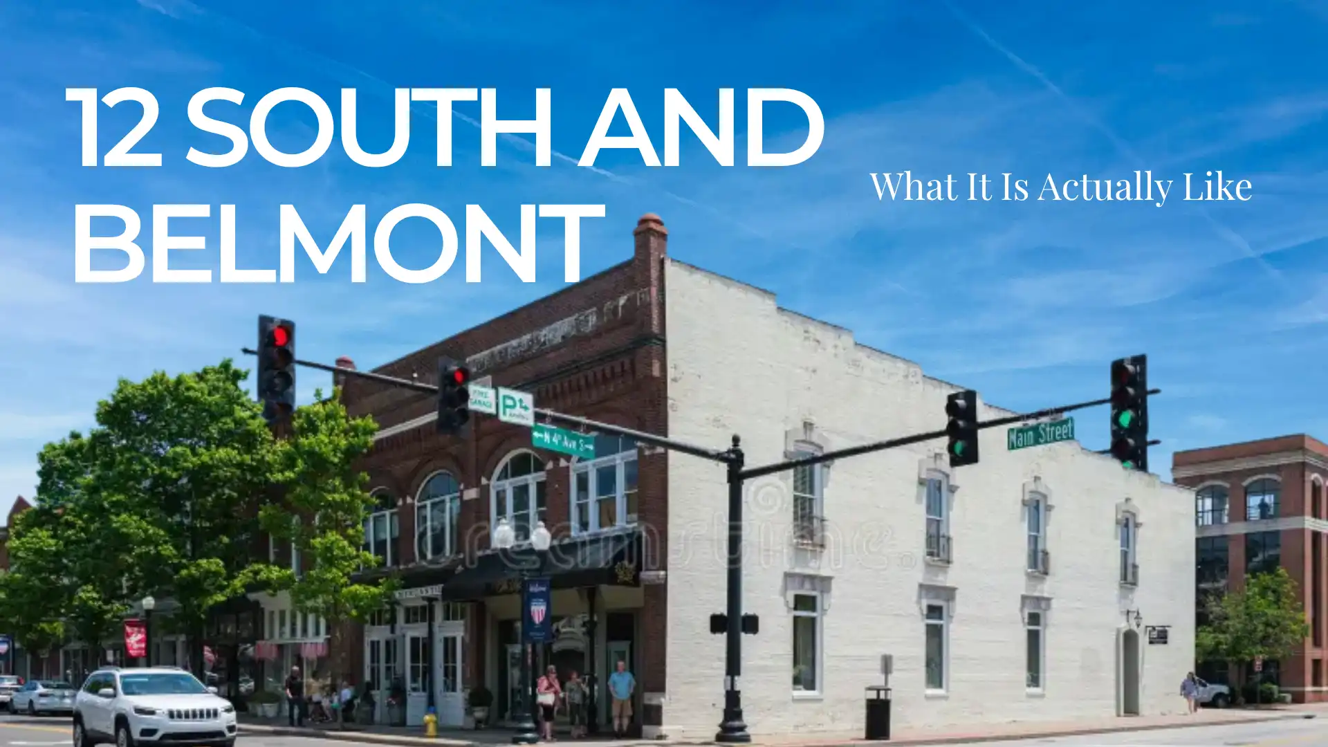 Street corner with historic brick buildings and traffic lights in 12 South Nashville with the neighborhood name and blog title overlaid