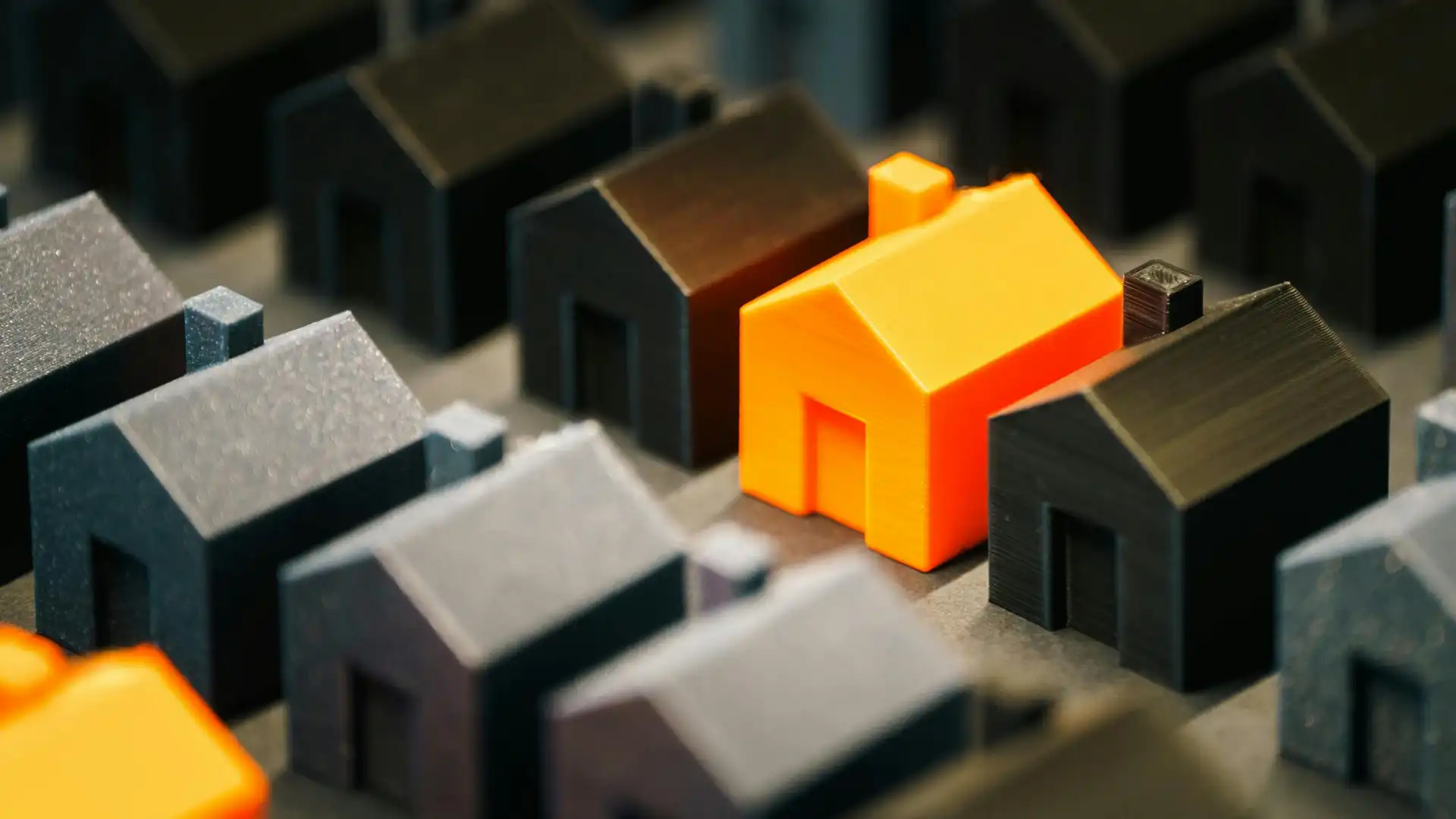 A bright orange miniature house standing out from rows of dark and gray houses, illustrating a unique opportunity in the housing market.