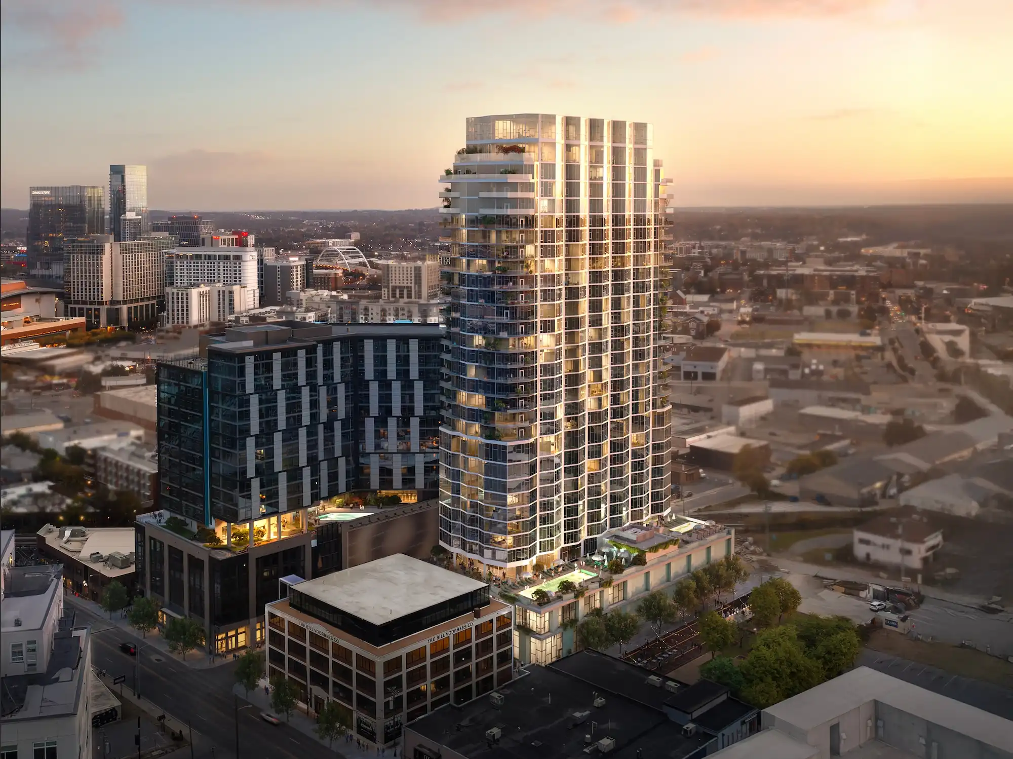 Aerial rendering of the Pendry Residences Nashville 30-story tower at sunset in the Paseo South Gulch neighborhood of The Gulch Nashville