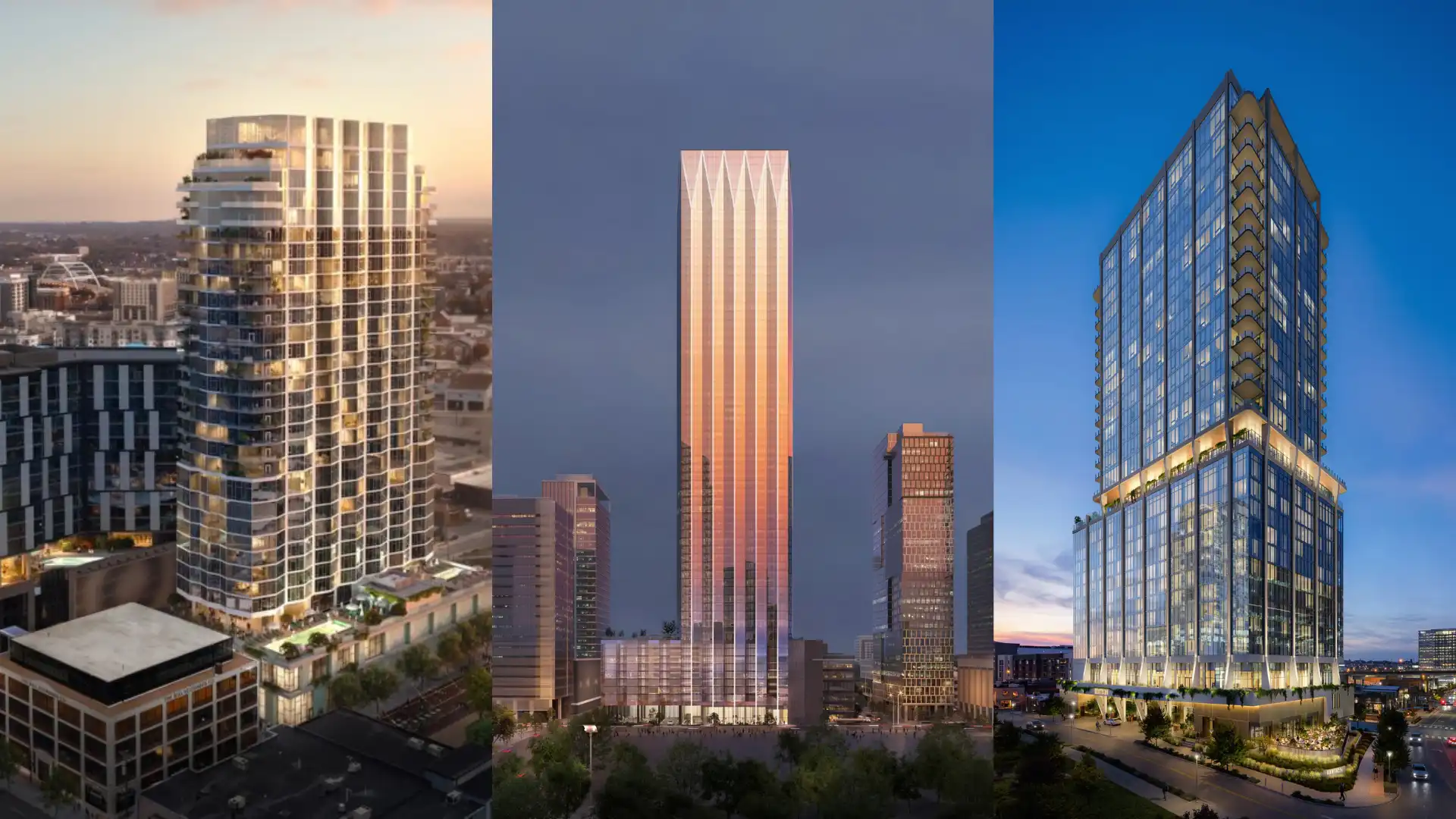 Three-panel composite render of three new Nashville luxury high-rise towers: Pendry Residences, The Nashville EDITION, and The Paramount