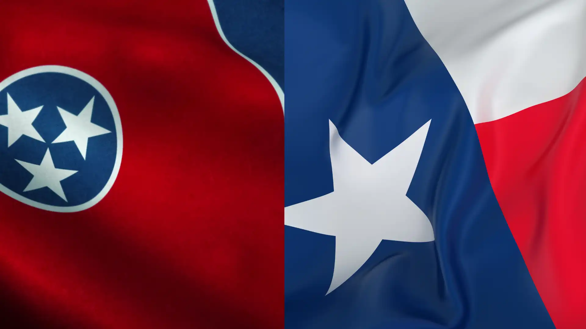 Split image of the Tennessee flag on the left and the Texas flag on the right