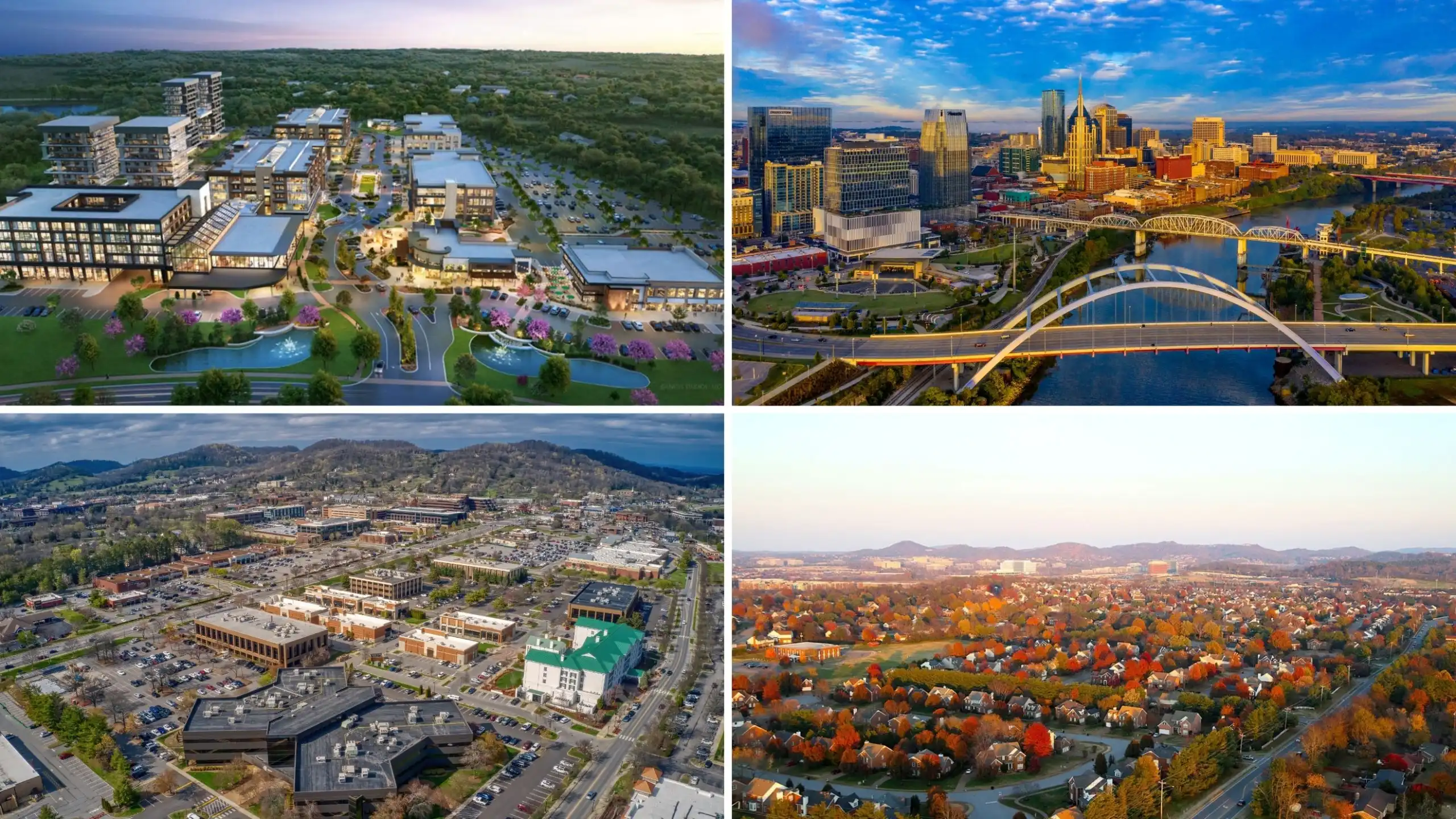 Four-panel aerial composite image of Tennessee cities and suburbs with the text Ultimate Guide: Which city choose when moving to Tennessee