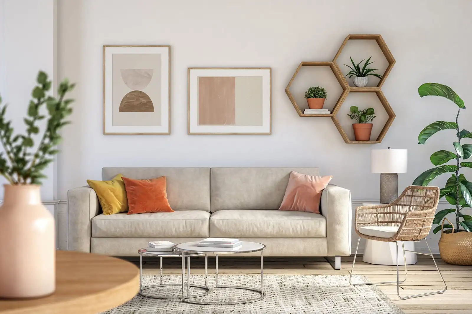 Tidy living room with a sofa, woven chair, coffee tables and houseplants