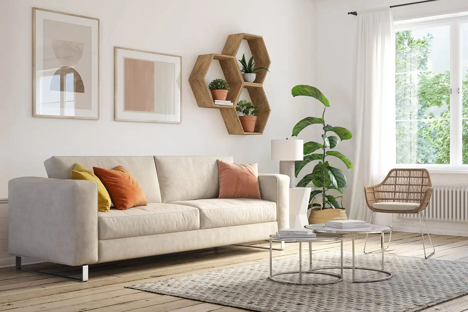 Living room with a light sofa, cushions, wall shelves and a tall houseplant