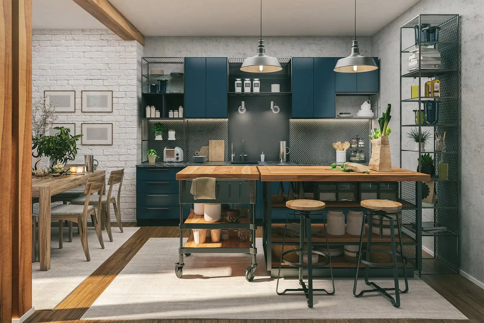 Kitchen with teal cabinets, open shelving, pendant lights and a wooden island