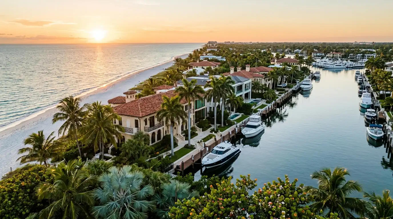 A side-by-side comparison of three of Florida's marquee luxury markets: Boca Raton (country-club and family luxury), Palm Beach (ultra-prime island), and Naples (Gulf-coast golf and seasonal living), covering price points, market character, lifestyle, airport access, and 2026 trends.